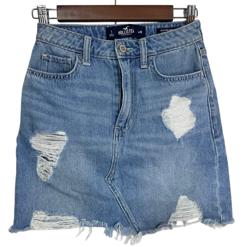 Hollister Ultra‎ High-Rise Distressed Denim Skirt Frayed Hem Light Wash Sz 1